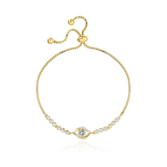 Solid 14K Gold Over 925 Silver Moissanite Evil Eye Bracelet for Women,Dainty Round Cut Moissanite Devil’s Eye Chain Bracelet,Lucky Jewelry Gift for Her,Adjustable 8" to 9" - color: Yellow Gold