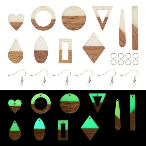 FASHEWELRY Resin Wooden Pendants Vintage Bohemian Resin Wood Statement Oval Teardrop Rectangle Colorful Geometric Blank Pendant Boho Dangle Charms for DIY Necklace Earring Crafts Jewelry Making - color: Luminous-Geometry-70Pcs/box