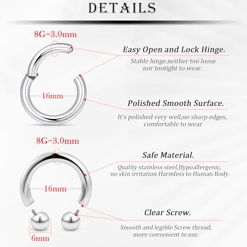 18G-2G Septum Rings 316L Surgical Steel Horseshoe Gauges Earrings Septum Nose Ring Silver Cartilage Helix Tragus Daith Rook Earring Hoop Lip Piercing Jewelry for Women Men - style: 8G(3.0mm)-Dia:16mm