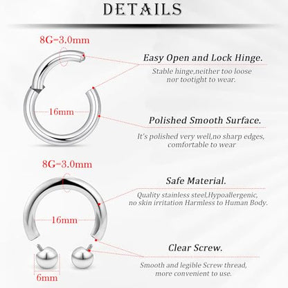 18G-2G Septum Rings 316L Surgical Steel Horseshoe Gauges Earrings Septum Nose Ring Silver Cartilage Helix Tragus Daith Rook Earring Hoop Lip Piercing Jewelry for Women Men - style: 8G(3.0mm)-Dia:16mm