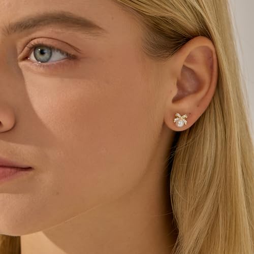 Plenky Pearl Earrings-14K Gold Plated Dainty Pearl Drop Simple Wedding CZ Dangle Dangling Cute Stud Earrings for Brides Earrings for Women Gifts - style: CZ Bow Pearl Earrings