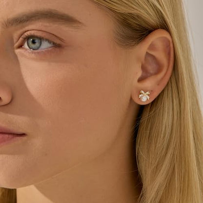 Plenky Pearl Earrings-14K Gold Plated Dainty Pearl Drop Simple Wedding CZ Dangle Dangling Cute Stud Earrings for Brides Earrings for Women Gifts - style: CZ Bow Pearl Earrings