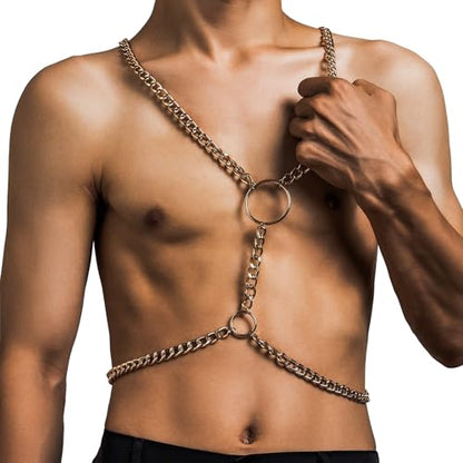 Punk Metal Link Chain Bra Body Jewelry Sexy Long Crossover Harness Circle Body Chain Festival Bikini Waist Chain Body Jewelry for Men Women - color: Gold