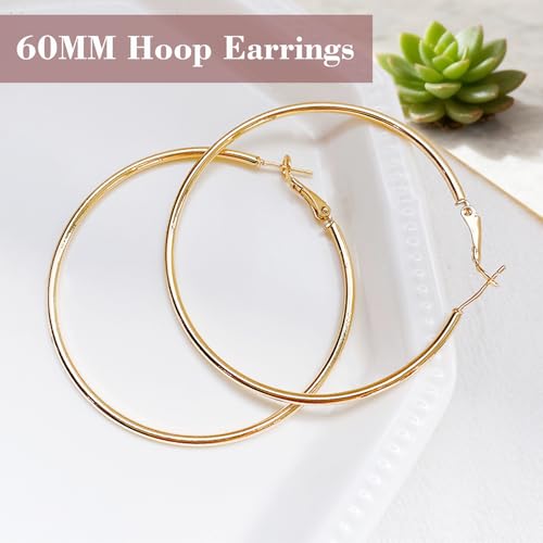 1 Pairs 60/70mm Silver 14K Gold Rose Gold Hoop Earrings for Women Hypoallergenic Stainless Steel Lightweight Big Hoops Shiny Dangle Earrings Trendy Jewelry Gifts - color: 60mm-Gold Hoop Earrings