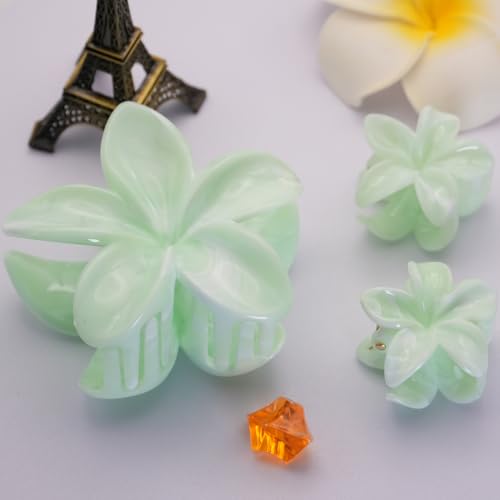 Flower Hair Clips for Women Claw Clips Summer Beaches Fashion Hair Accessories Light Cyan Plumeria with Marble Design Barrettes Hold Hair in Place for Thick Thin Hair(3Pcs: 1 Large 2 Small) - color: Light Cyan