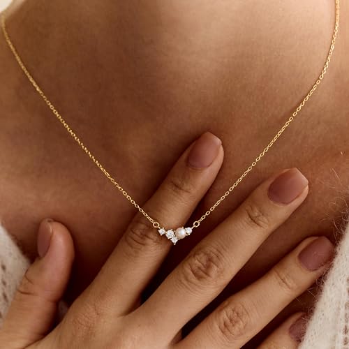 Pearl Necklaces for Women,Dainty Gold Pendant Necklaces Waterproof Jewelry | 14K Gold Plated Pearl Necklaces,Dainty Elegant Wedding Necklace,Small Cute Adjustable Minimalist Necklace,Non Tarnish Jewelry - color: GOLD-15