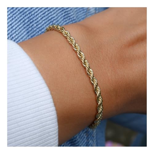 kelistom 18K Gold Silver Tone Rope Link Chain Bracelet for Women Men, 3mm 4mm Braided Rope Chain Bracelets, 7” 7.5” 8.3”, - size: 7.5", style: 3mm-gold