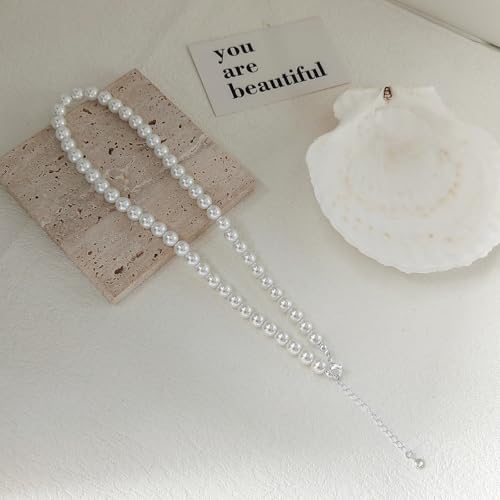 Zeffy Pearl Necklace 8MM Dainty Round Imitation Pearl Choker Necklace Wedding Pearl Necklace Delicate Jewelry for Women Simple Bridesmaid Jewelry Gifts - style: Style2-8mm Silver Pearl Necklace(16"+2")