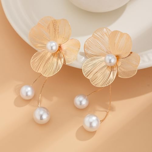 Gold Flower Dangle Earrings for Women Elegant Floral Drop Statement Jewelry Long Tassel Earrings - color: B-gold pearl Flower Earrings