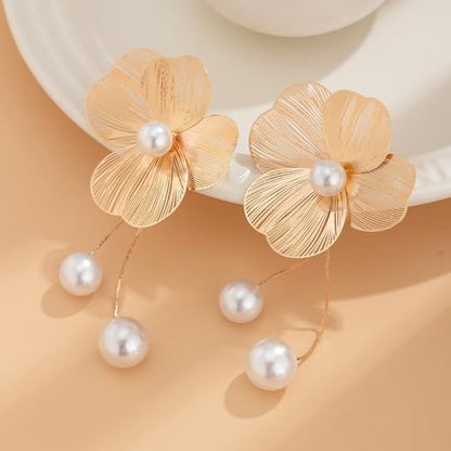 Gold Flower Dangle Earrings for Women Elegant Floral Drop Statement Jewelry Long Tassel Earrings - color: B-gold pearl Flower Earrings