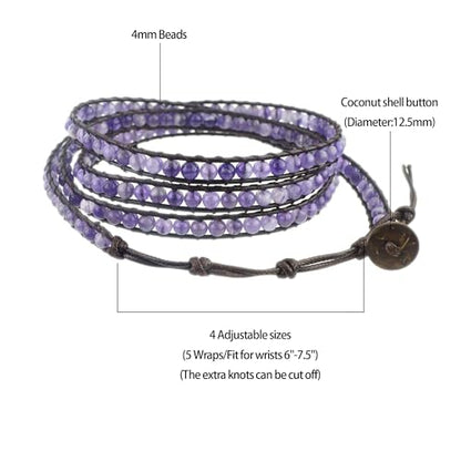 Genuine Stone Wrap Bracelets for Women Natural Crystal Beaded Wrap Bracelet 2/3/5 Adjustable Bohemian Bracelets Jewelry Gifts for Women Mom - color: amethyst(5 wraps)