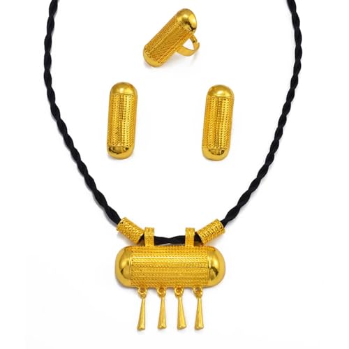 Ethiopian Traditional Jewelry | Eritrean Jewelry for Women Set | Ethiopian African Jewelry Wedding Sets Includes Cross Pendant Black Rope Earrings Ring Sets African Eritrean Religion - color: Black Rope 3