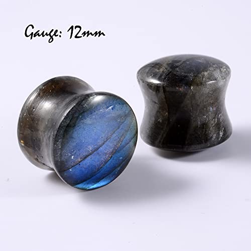 Pair Labradorite Stone Ear Flesh Tunnel Plugs Double Flared Plug Glow Stone Ear Gauges Expander - style: One Pair,1/2''(12mm)