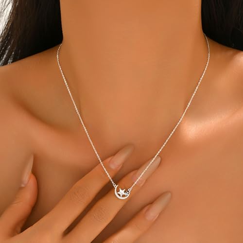 925 Sterling Silver Crescent Moon Necklace for Women | Crescent Choker Necklace 14K Gold Plated Dainty Half Moon Pendant Necklace for Mother Daughter Wedding Jewelry Gift - color: Silver-2