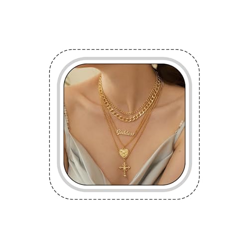 Gold-Tone Layered Necklace Set for Women Chunky Stack Big Coin Heart & Geometric Pendant Paperclip Cuban Chain Non Tarnish Fashion Elegant Layering Statement Jewelry Piece for Her