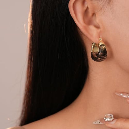 Chunky Brown Resin Hoop Earrings for Women Small Gold Huggie Square Design Trendy Minimalist Jewelry Trendy Wear Gift - color: A3:Black Hoop Earrings