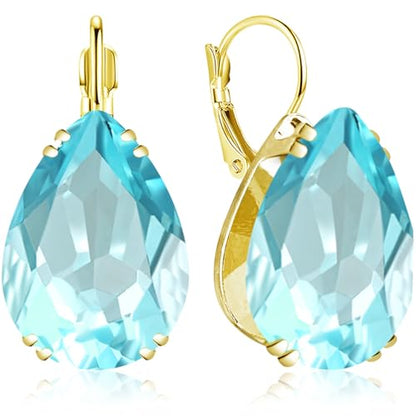 14K Gold Teardrop Crystal Leverback Earrings Sparkly Rhinestone Water Droplet Dangle Drop Earrings For Women - color: Blue