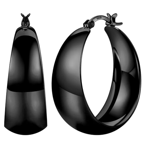 Senteria 12mm Wide Thick Sterling Silver Hoop Earrings Hypoallergenic | 14K Real Gold Plated Hoops Large Earring Lightweight Chunky Hoops Earring for Women Gift for Birthday Christmas 25/30/40/50MM - color: Black-25mm