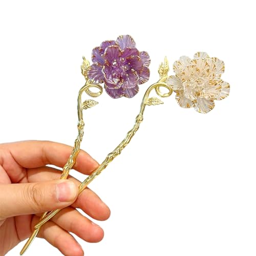 2 Pcs Peony Hair sticks for buns,Hair pins for women,Buns and Updos with No Hair Damage,Metal French Pin Great Hold,Suitable for fine & thick hairUS375 (Purple + White) - color: Purple + White