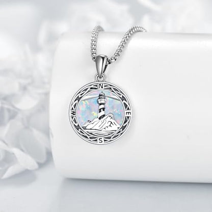 ONEFINITY Lighthouse Necklace for Women Sterling Silver Lighthouse Pendant Necklace Birthday Jewelry Gift for Women - color: Opal Compass lighthouse