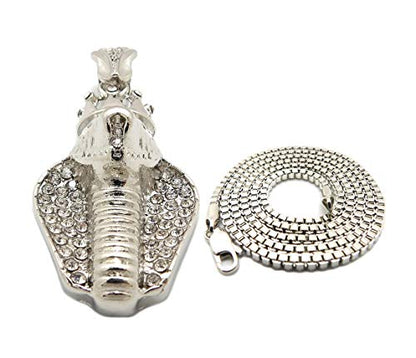 Fashion 21 Unisex Iced Out King Crowned Cobra Snake Pendant 24" Various Chain Necklace in Gold, Silver Tone - color: Silver / 2mm 24" Box Chain