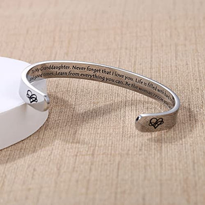 TONY & SANDY Inspirational Bracelets for Women Teen Girls Personalized Gifts for Daughter Granddaughter Mom Sister Friends Stainless Steel Engraved Cuff Birthday Easter Christmas - style: A - Granddaughter Gifts - Never forget that I love you...Be the wom