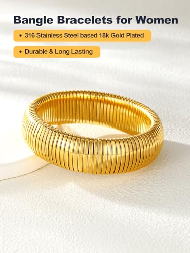 U7 Stretch Bracelets for Women Stainless Steel 18K Gold Plated Bangle Bracelets,Non Tarnish Link Bracelets,10mm,16mm,20mm - color: 01.Gold-20mm