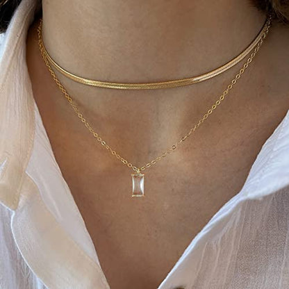 Tewiky Dainty 14k Gold Plated/Silver Cubic Zirconia Necklaces for Women | Simple CZ Jewelry Necklaces Trendy Gifts - color: Gold layered herringbone CZ