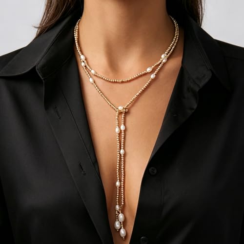 Long Pearl Necklaces for Women Layer Lariat Tie Necklace Adjustable Long Beaded Y Drop Choker Necklacess Bohemian Beach Wedding Party Jewelry Gifts - color: C-Gold