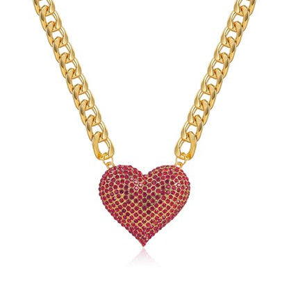 Gold Cuban Link Chain Necklace with Red Crystal Heart Pendant, Statement Chunky Curb Link Chain，Fashion Jewelry for Women - color: Red
