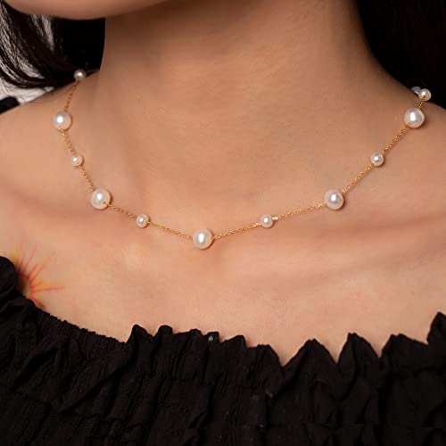 925 Sterling Silver Dainty Freshwater Cultured Pearl Choker Necklace White Genuine Real Pearl Charm Necklaces Jewelry Gifts for Her - color: Satellite Pearl-Gold Plus 4-5mm&8-9mm