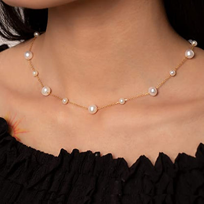 925 Sterling Silver Dainty Freshwater Cultured Pearl Choker Necklace White Genuine Real Pearl Charm Necklaces Jewelry Gifts for Her - color: Satellite Pearl-Gold Plus 4-5mm&8-9mm
