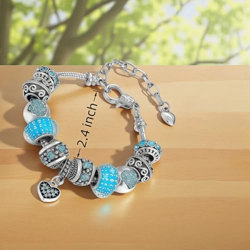 Pink Hearts Silver Plated Charm Bracelet, DIY Jewelry for Women with Beads, Charms, and Adjustable Snake Chain, Fits 7.5"+1.5" - color: Blue, size: 19cm