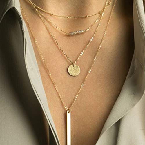 Turandoss Gold Layered Necklaces for Women - 14K Gold Plated Handmade Multilayer Bar Pearls Coin Disc Moon Butterfly Medallion Adjustable Dainty Layered Choker Necklaces for Women Jewelry - style: 4 Layered Necklace - Chain&Beads&Bar&Hammered Disc&Bar
