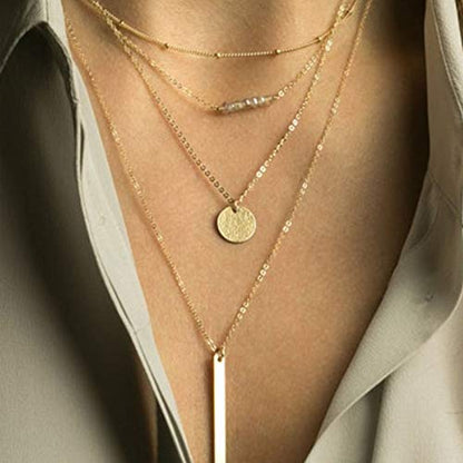 Turandoss Gold Layered Necklaces for Women - 14K Gold Plated Handmade Multilayer Bar Pearls Coin Disc Moon Butterfly Medallion Adjustable Dainty Layered Choker Necklaces for Women Jewelry - style: 4 Layered Necklace - Chain&Beads&Bar&Hammered Disc&Bar