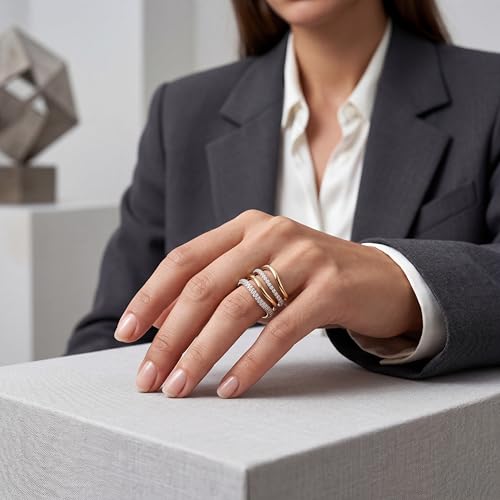 Stackable Gold Rings for Women Wavy Band Mixed Metals Dainty 14K Gold Plated Cubic Zirconia Wedding Ring Set Minimalist Promise Engagement Eternity Ring Stack Jewelry Size 5-11