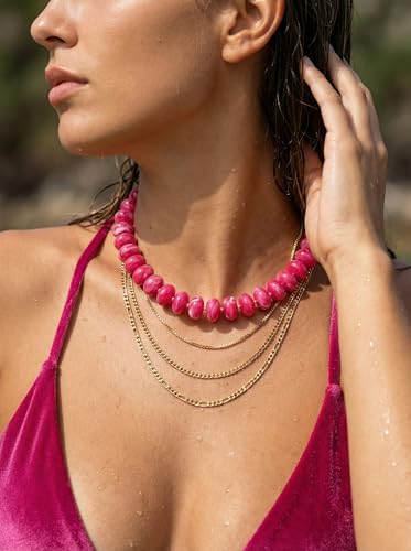 Elegance 11 designs Colorful Chunky Beaded Necklace for Women,Thick Acrylic Disc Bead Choker Statement Necklace Cute Trendy Necklaces Jewelry Gifts for Women - color: Rose red