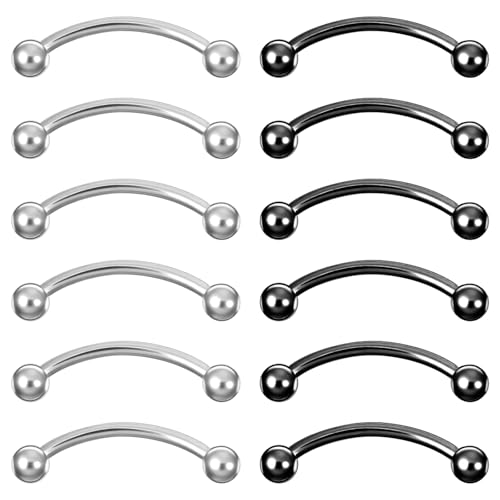 12pcs Curved Barbell Piercing Jewelry 16g Eyebrow Rook Piercing Jewelry | with 3mm Balls Stainless Steel Vertical Labret Lip Eyebrow Rings Tragus Helix Belly Lip Ring Body Piercings - color: Silver Black