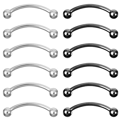12pcs Curved Barbell Piercing Jewelry 16g Eyebrow Rook Piercing Jewelry | with 3mm Balls Stainless Steel Vertical Labret Lip Eyebrow Rings Tragus Helix Belly Lip Ring Body Piercings - color: Silver Black