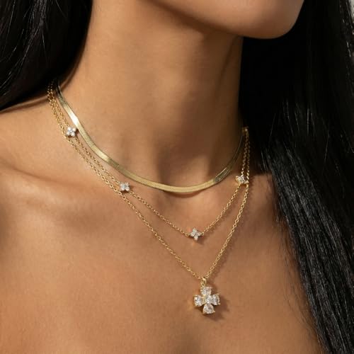 14k Gold Plated Layered Cubic Zirconia Pendant Necklace for Women | Gold Plated Clover Necklaces Stackable Dainty Cubic Zirconia Pendant Necklace，Mother's Day, Thanksgiving Jewelry Trendy gifts - color: Golden, style: Style1