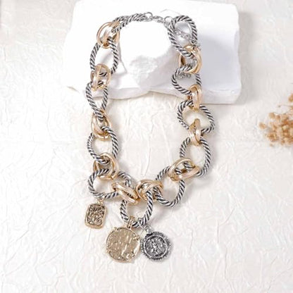Doubnine Two-Tone Chain Link Necklace, Silver Rope and Gold Accents, Pendant Charm Choker