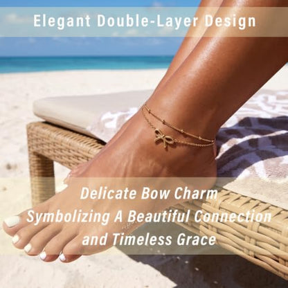 Quietsun Trendy 2 Layers Anklet Bracelets for Women-Waterproof-Adjustable-for General/Big Anklets-Gold/Silver - color: Gold-Plus