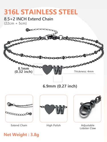 Ankle Bracelets for Women Waterproof 14K Gold/Silver/Black Initial Anklet for Women Dainty Layered Heart Ankle Bracelets Stainless Steel Adjustable Foot Chain Anklet Summer Beach Jewelry - color: W-Black