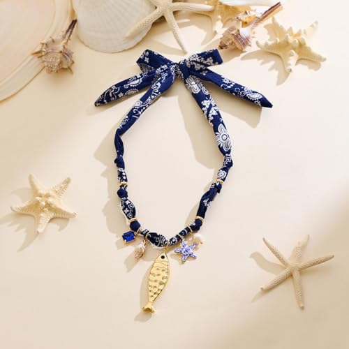CLASSYZINT Scarf Necklace with Charms Heart Choker Necklace Shell Necklace Bandana Necklac Statement Choker Jewelry - color: Blue Fish Pendant