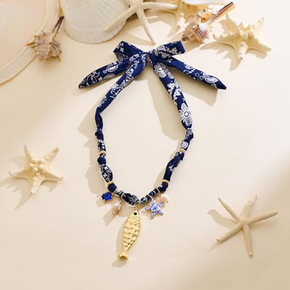 CLASSYZINT Scarf Necklace with Charms Heart Choker Necklace Shell Necklace Bandana Necklac Statement Choker Jewelry - color: Blue Fish Pendant