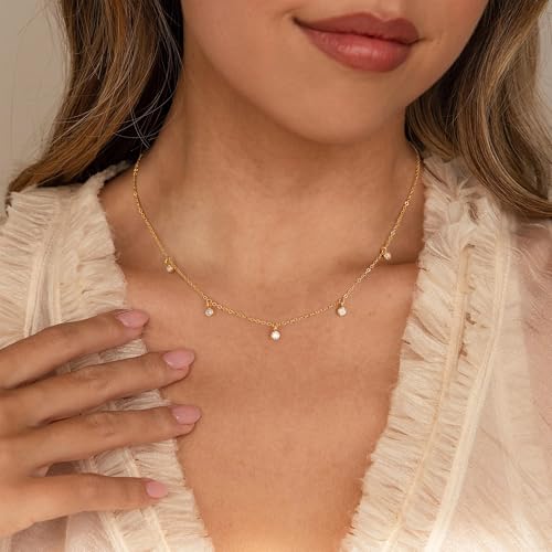 Ursteel 14K-Gold-Plated Necklace for Women Girls, Cute Daisy Pearl Necklace for Girls Clover Butterfly Cubic Zirconia Flower Evil Eye Station Necklaces for Women Teen Girl Gifts - color: Round Zircon