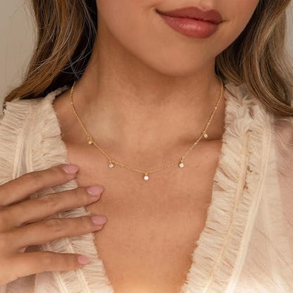 Ursteel 14K-Gold-Plated Necklace for Women Girls, Cute Daisy Pearl Necklace for Girls Clover Butterfly Cubic Zirconia Flower Evil Eye Station Necklaces for Women Teen Girl Gifts - color: Round Zircon