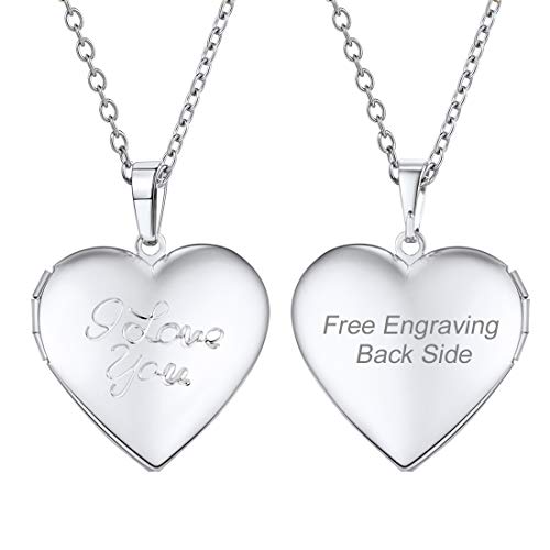 U7 Custom Photo Locket Necklace - Oval & Heart Shaped Locket - Gold/Silver/Rose Gold Personalized Image Necklaces for Women - color: 03-Platinum I Love You, style: b. locket+text