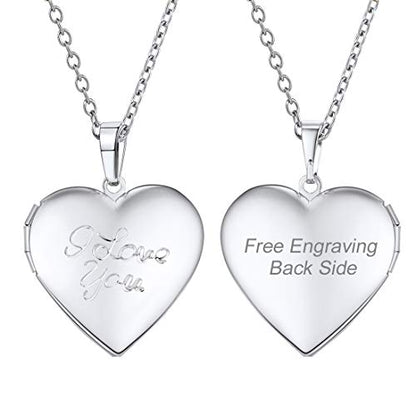 U7 Custom Photo Locket Necklace - Oval & Heart Shaped Locket - Gold/Silver/Rose Gold Personalized Image Necklaces for Women - color: 03-Platinum I Love You, style: b. locket+text