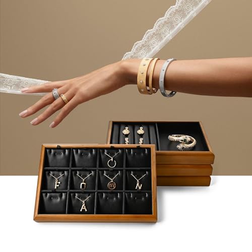 Oirlv Black Wood Jewelry Ring Display Tray | Black Solid Wood Frame, Soft Leather Interior, 9.84X17X1.18in Ring Tray, Beautiful Finish, Protects Jewelry - color: Black, size: 11 slot